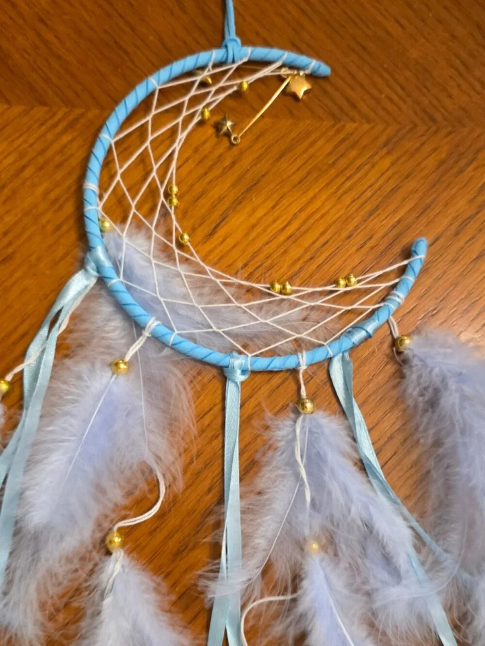Crescent Moon Dreamcatcher Light Blue with White Feathers Gold Beads Star Charms